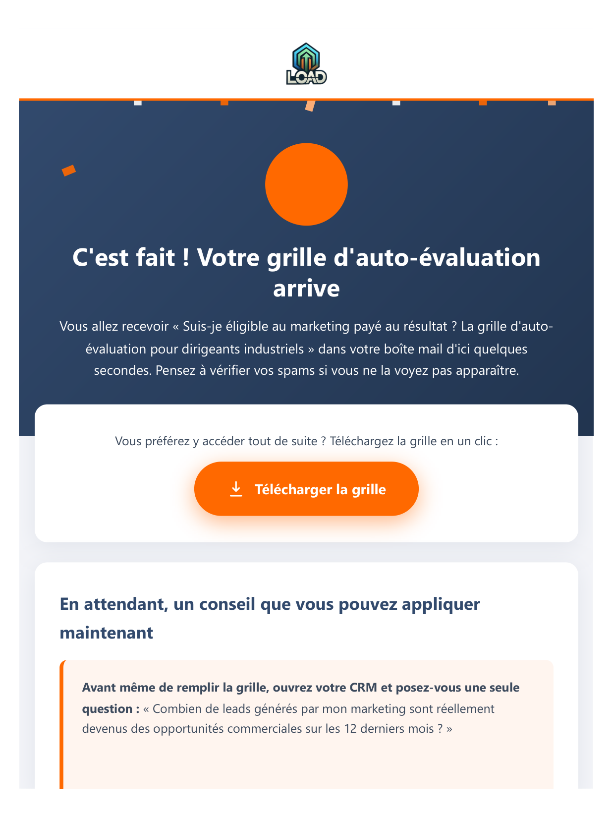 Page de remerciement après téléchargement