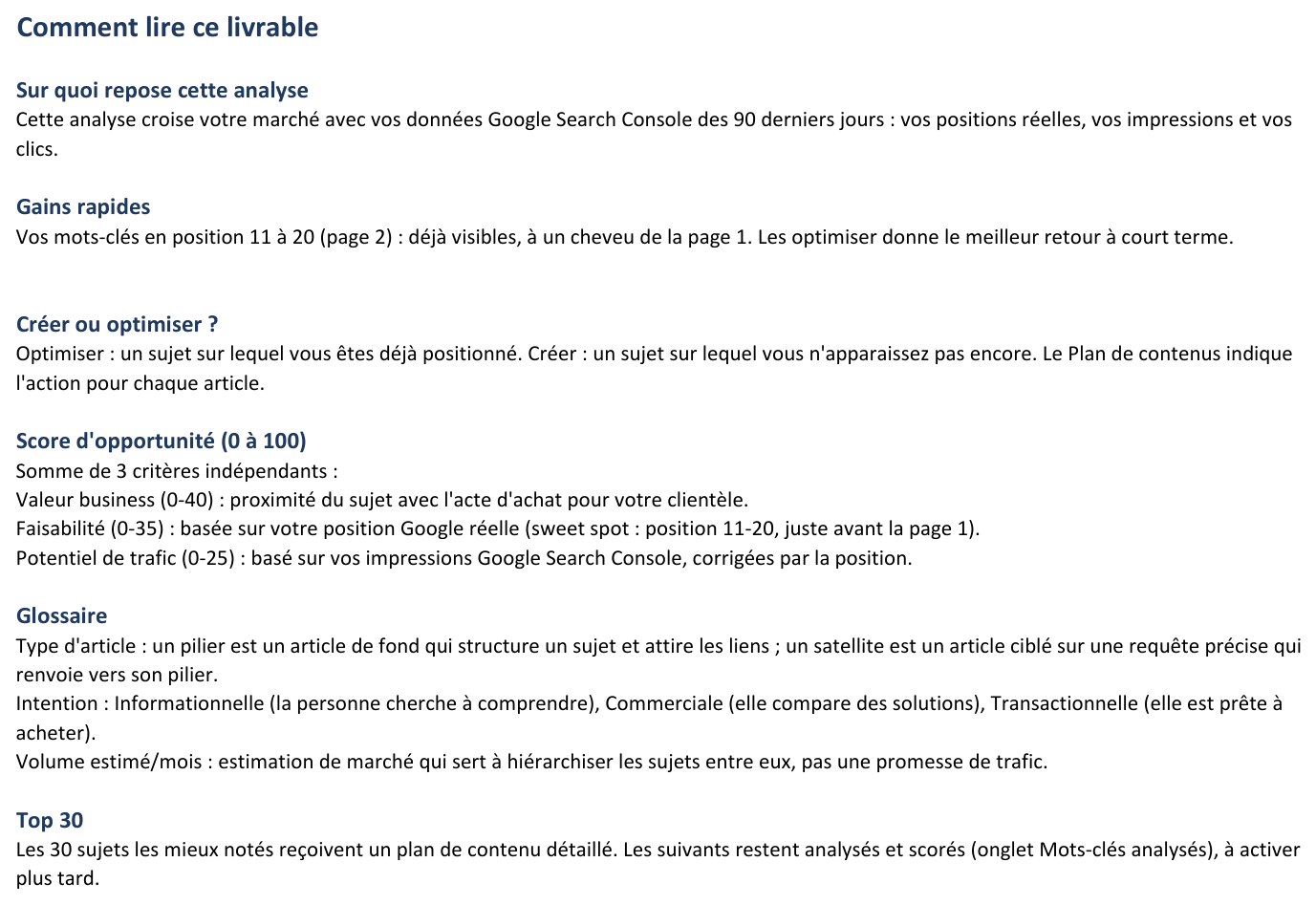 Onglet méthodologie de l'audit SEO